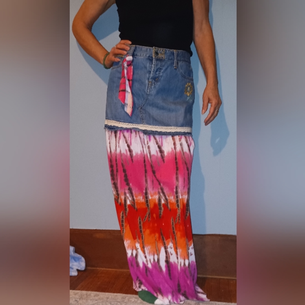 one of a kind BOHO hippie Levi's upcycled maxi skirt waist 29. /6